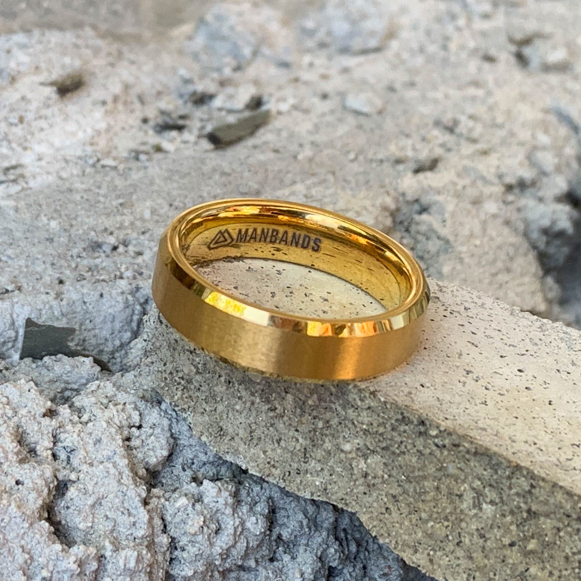 Yellow Gold Bevelled Edge Brushed Tungsten Ring 6mm