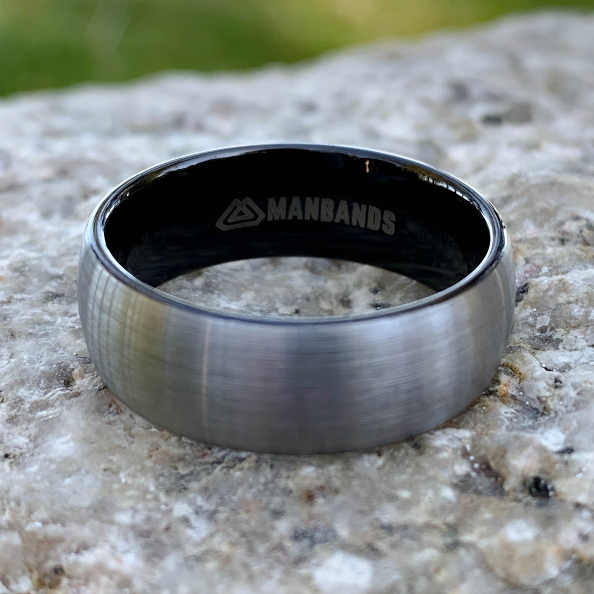 Brushed Silver Tungsten Ring with Black Domed Interior