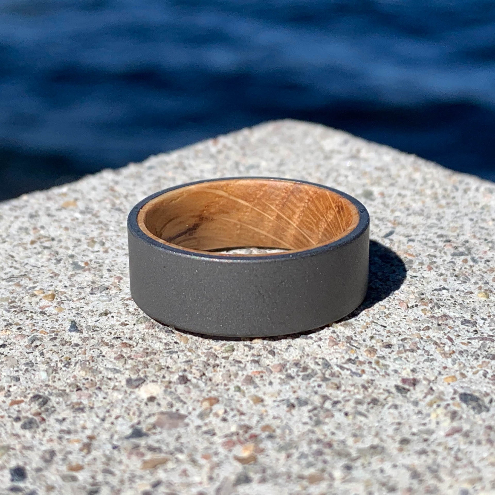 Gunmetal Grey Men's Wedding Ring with Whiskey Barrel Wood Inlay