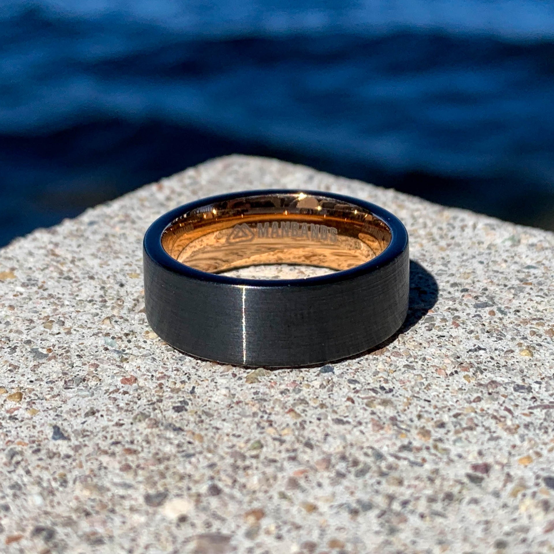 Brushed Black Tungsten Ring with Gold Interior