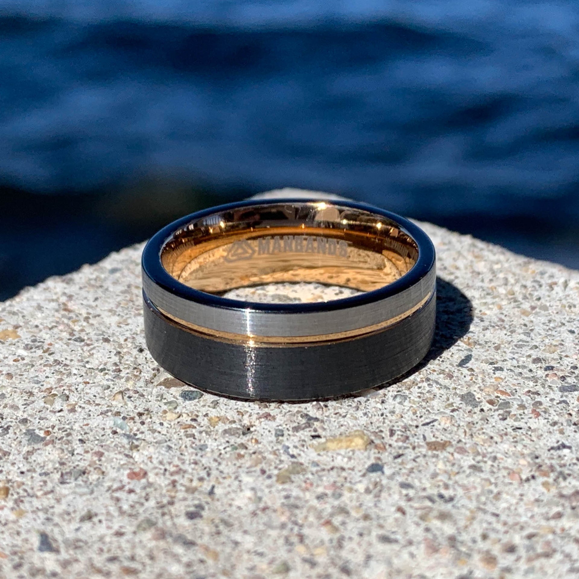 Black and Grey Tungsten Ring with Rose Gold Interior