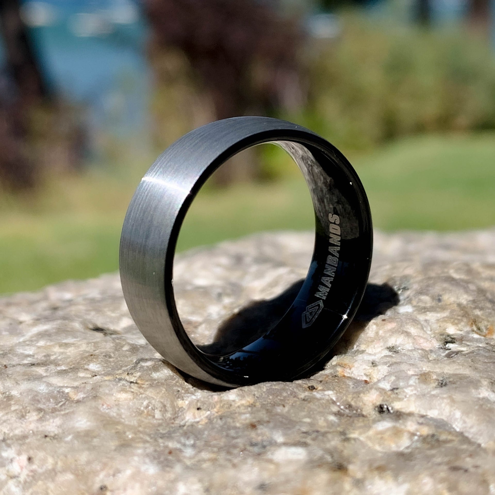 Brushed Silver Tungsten Ring with Black Domed Interior