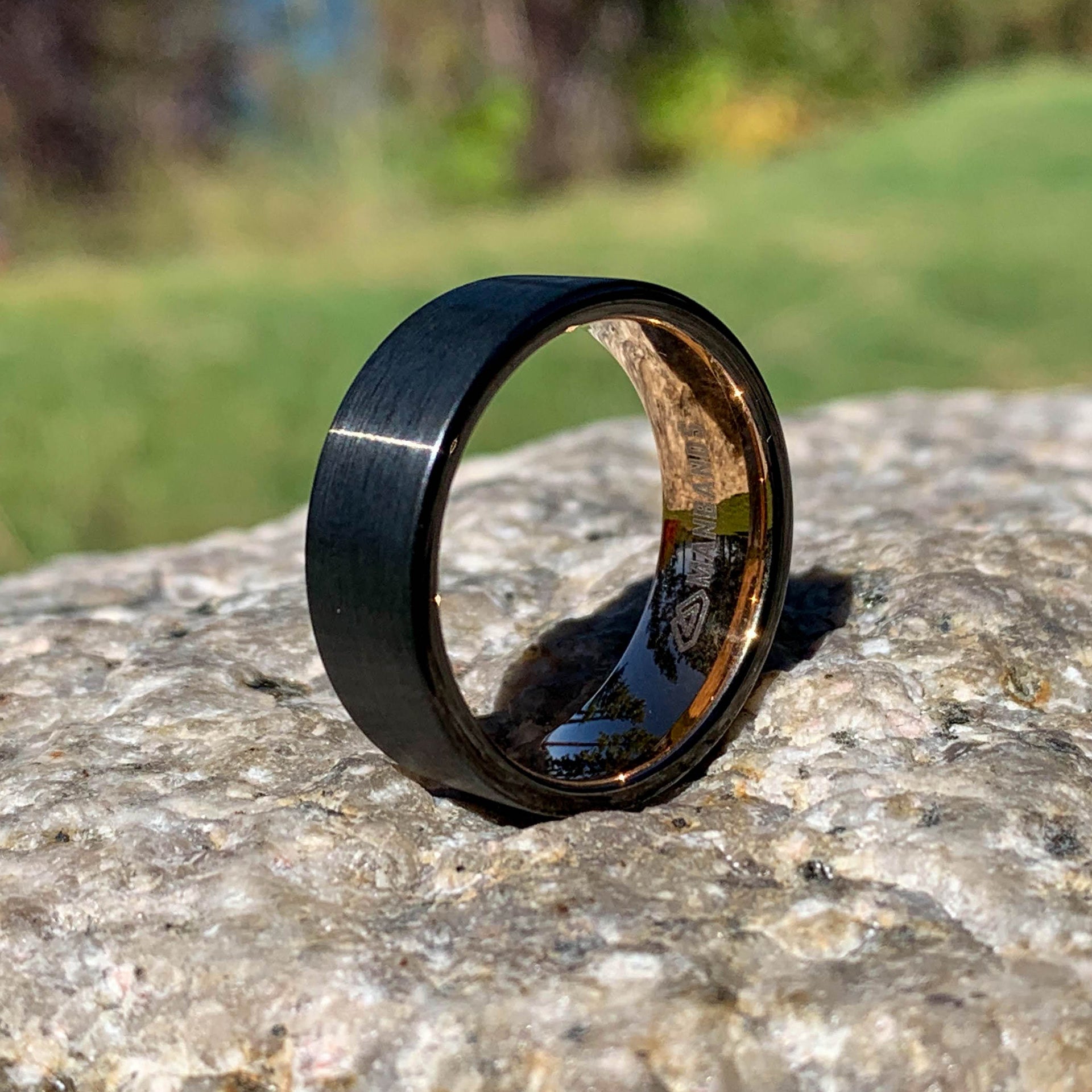 Brushed Black Tungsten Ring with Gold Interior