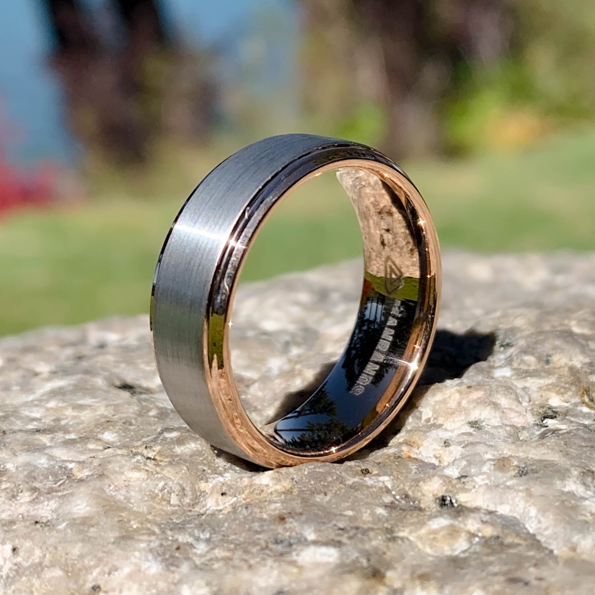 Silver Tungsten Bevelled Edge Ring with Rose Gold