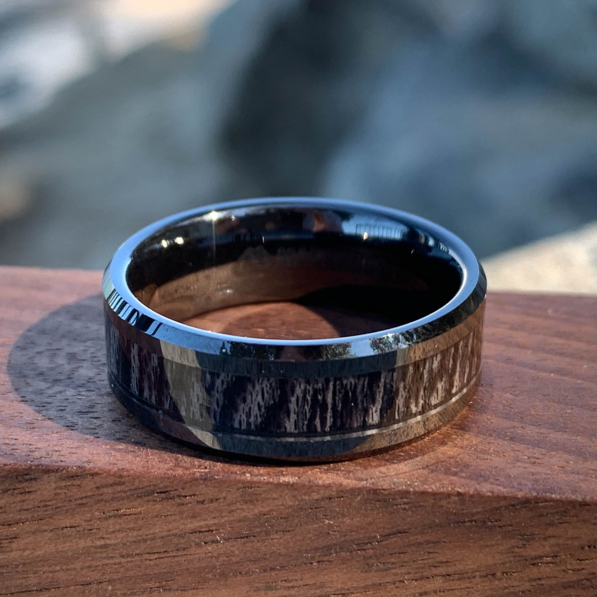 Black Ring with Wood Inlay