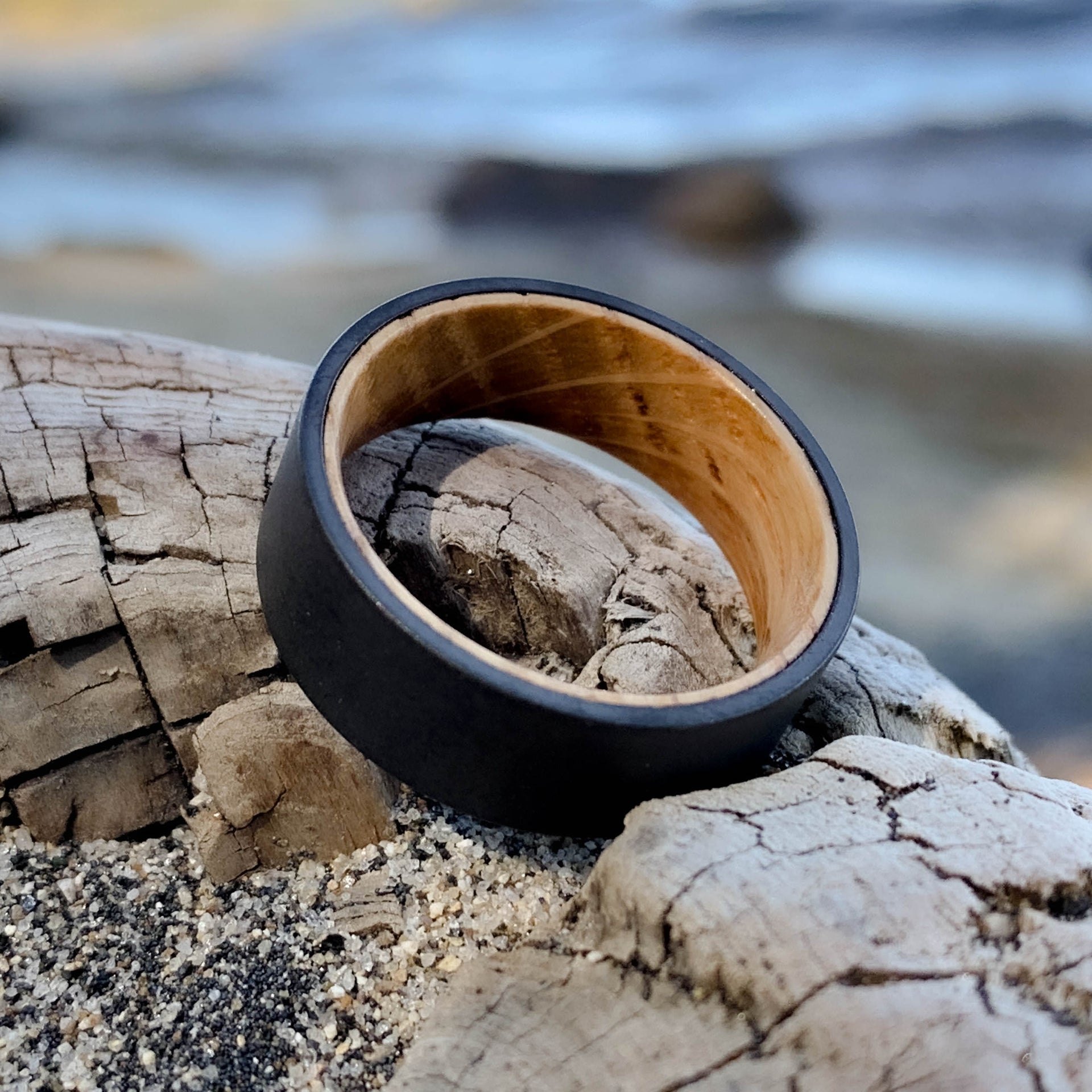 Gunmetal Grey Men's Wedding Ring with Whiskey Barrel Wood Inlay