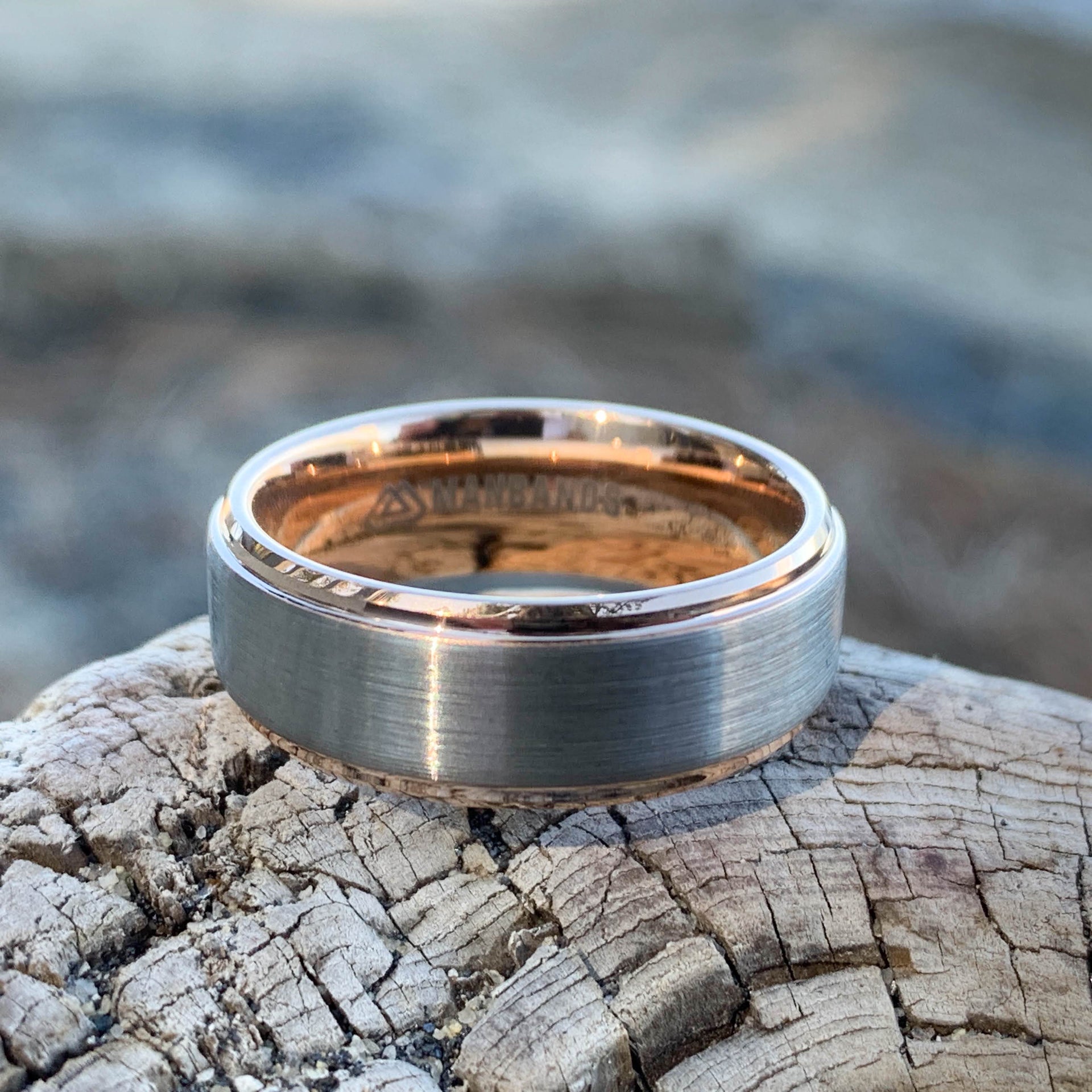 Silver Tungsten Bevelled Edge Ring with Rose Gold