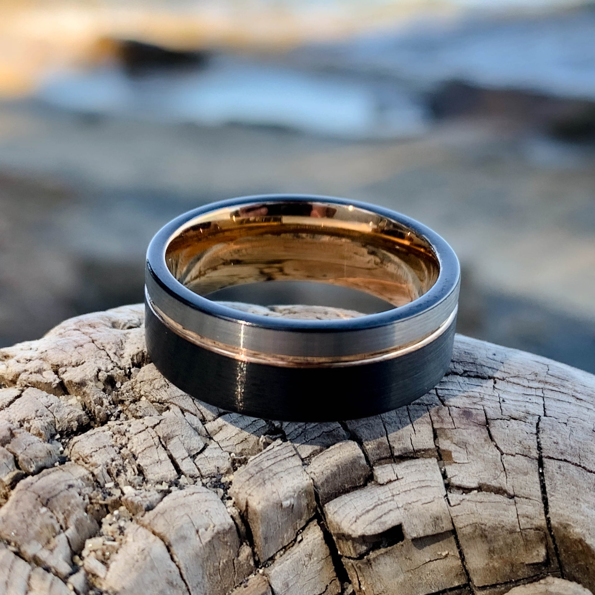 Black and Grey Tungsten Ring with Rose Gold Interior